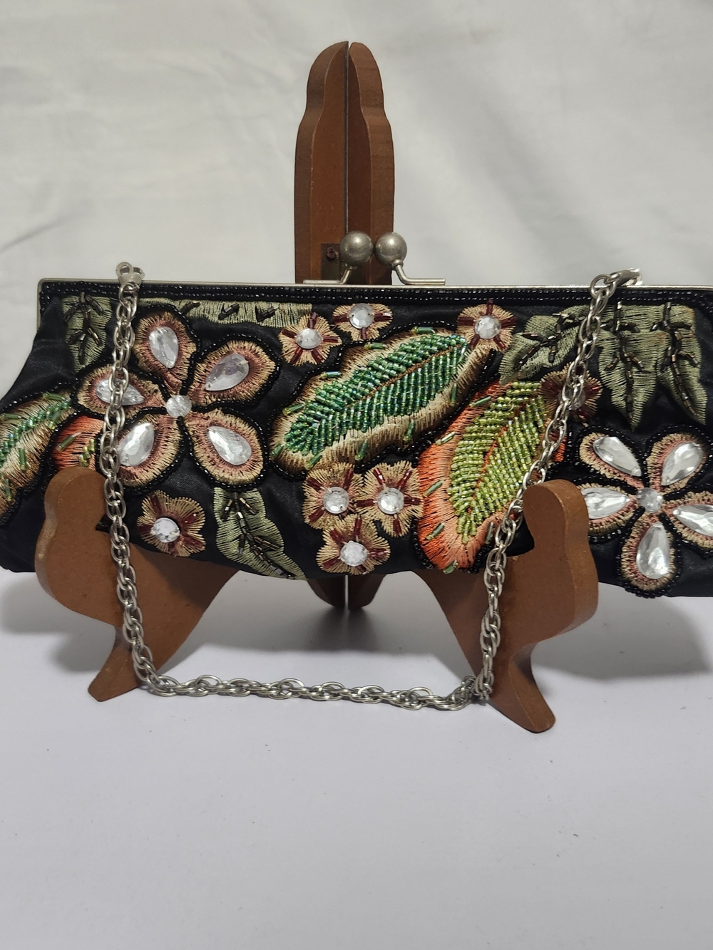 Embroidered Black Evening Clutch with Crystal Accents